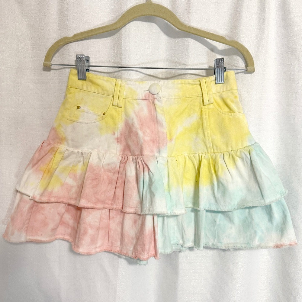 LoveShackFancy Landen Rainbow Radial Tie Dye Tiered Cotton Mini Skirt Size 2 - Picture 2 of 11